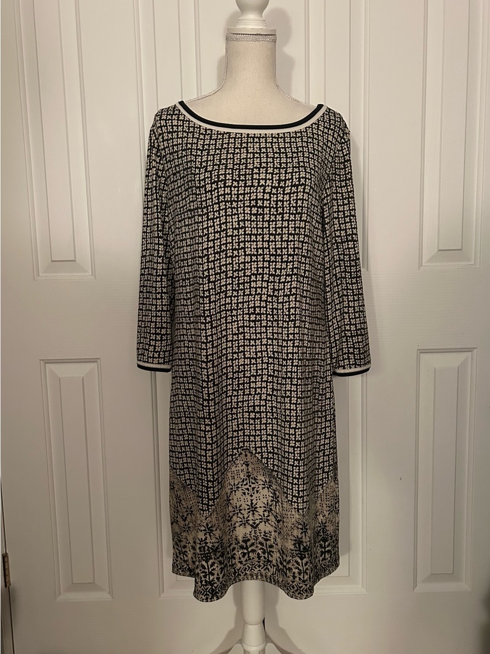 MAX STUDIO Floral Long-Sleeve Dress, Black and Cream, Size Large
